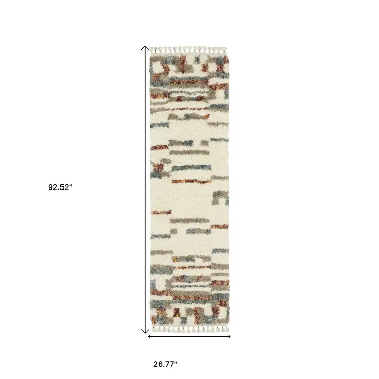 8' Ivory Tan And Red Abstract Shag Runner Rug With Fringe
