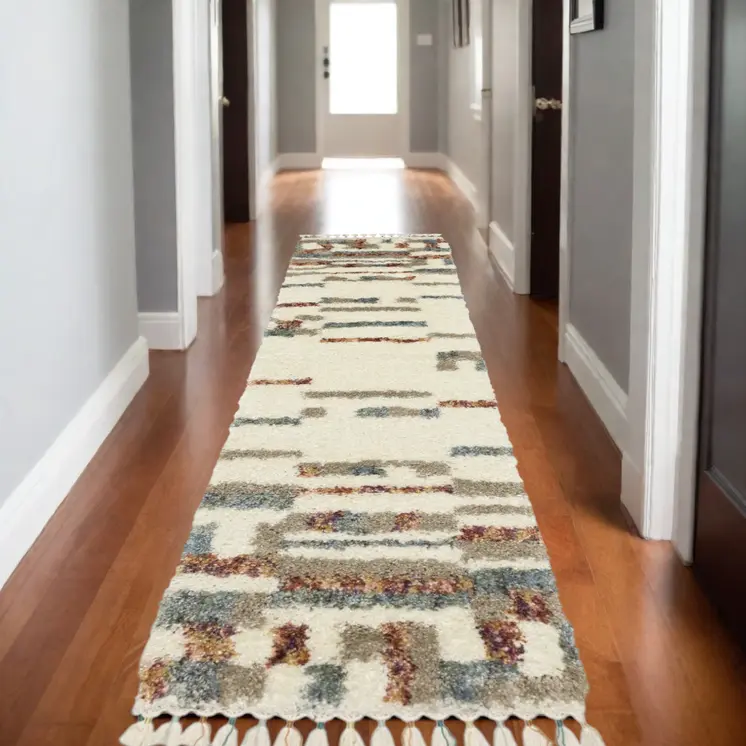 8' Ivory Tan And Red Abstract Shag Runner Rug With Fringe