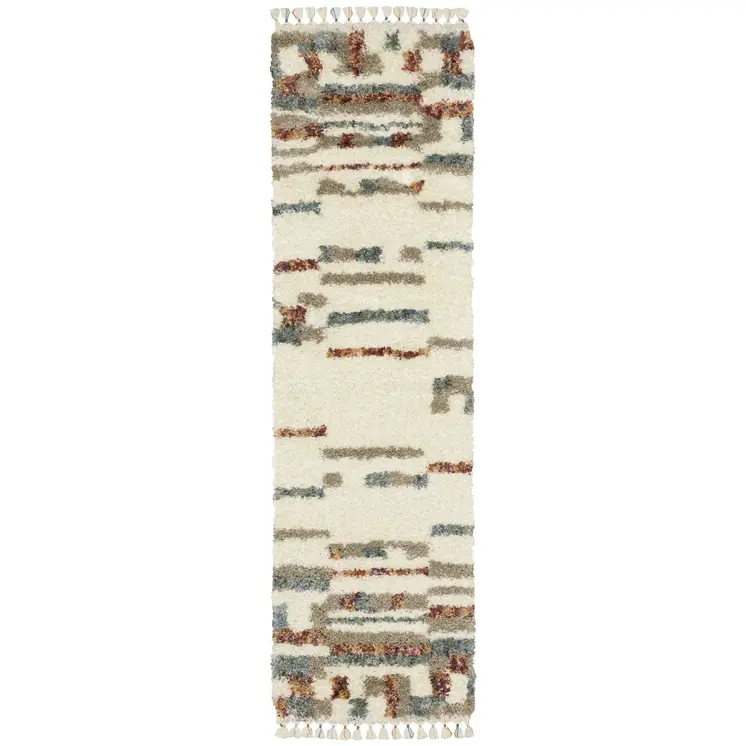 8' Ivory Tan And Red Abstract Shag Runner Rug With Fringe