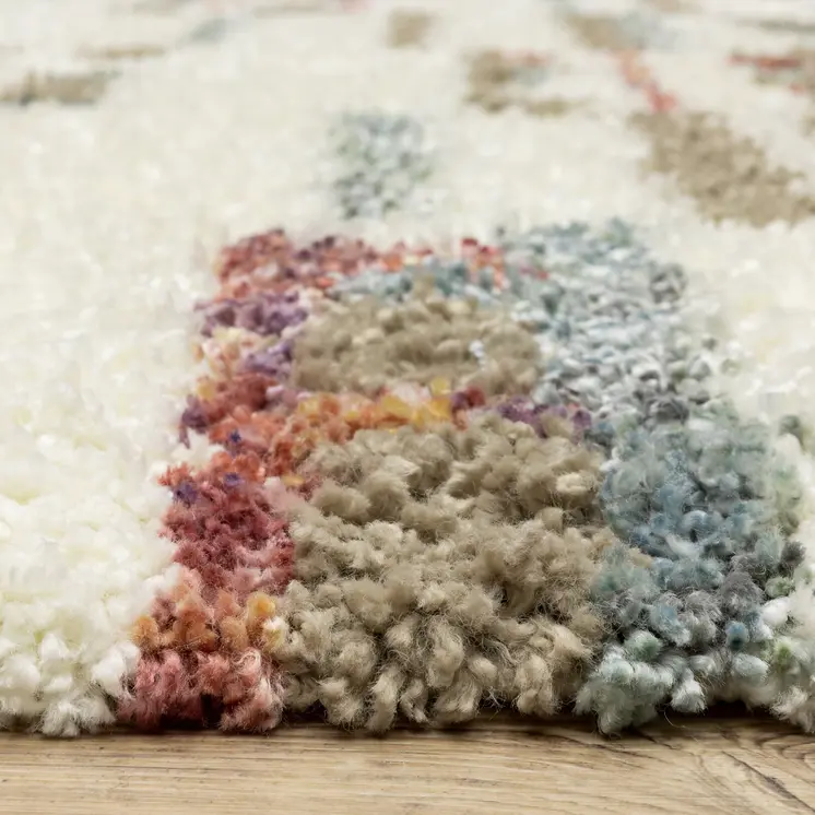 8' Ivory Tan And Red Abstract Shag Runner Rug With Fringe