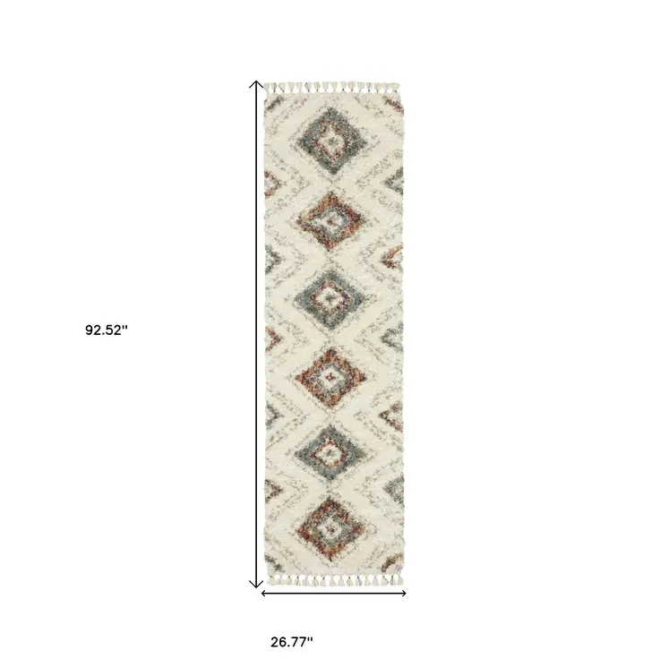 8' Ivory Gray And Red Southwestern Shag Runner Rug With Fringe