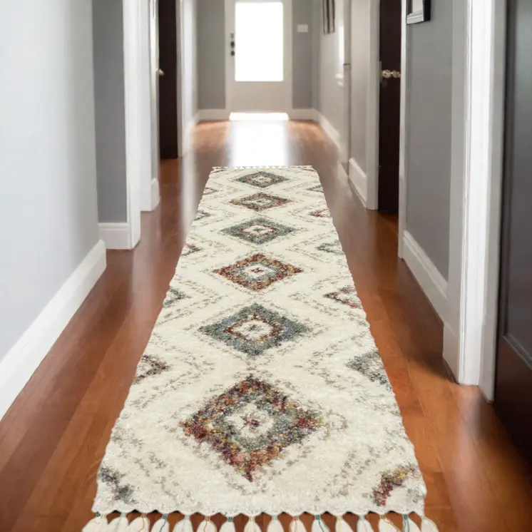 8' Ivory Gray And Red Southwestern Shag Runner Rug With Fringe