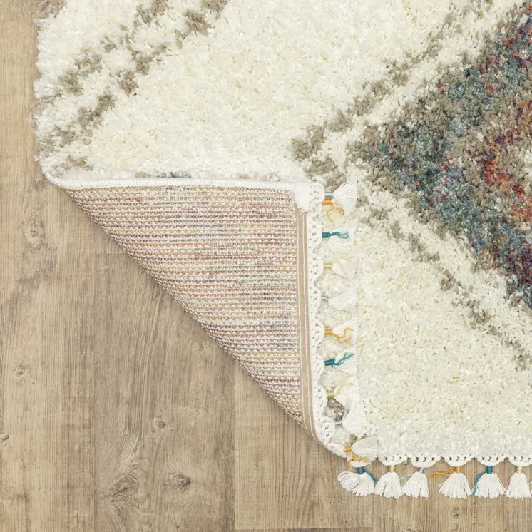 8' Ivory Gray And Red Southwestern Shag Runner Rug With Fringe