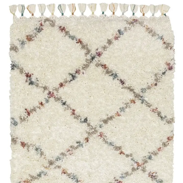 8' Ivory Gray And Red Diamond Shag Runner Rug With Fringe