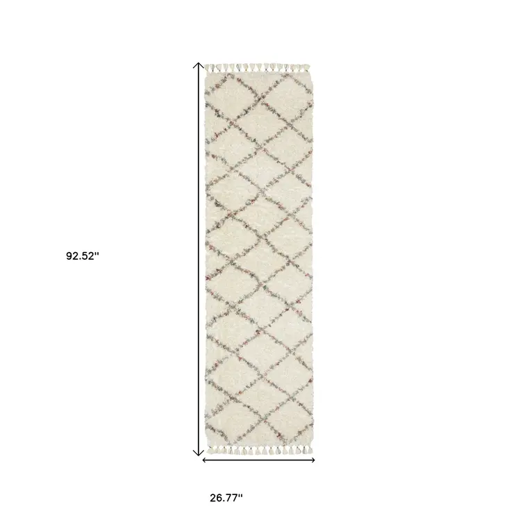 8' Ivory Gray And Red Diamond Shag Runner Rug With Fringe