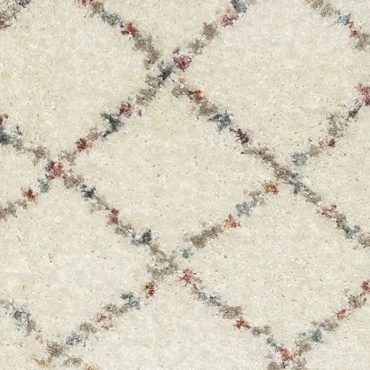 8' Ivory Gray And Red Diamond Shag Runner Rug With Fringe