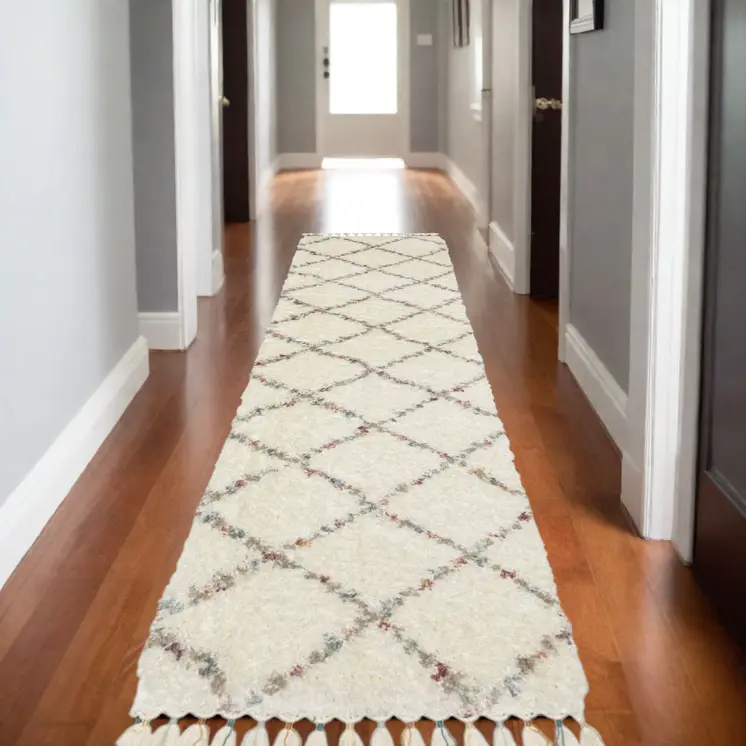 8' Ivory Gray And Red Diamond Shag Runner Rug With Fringe