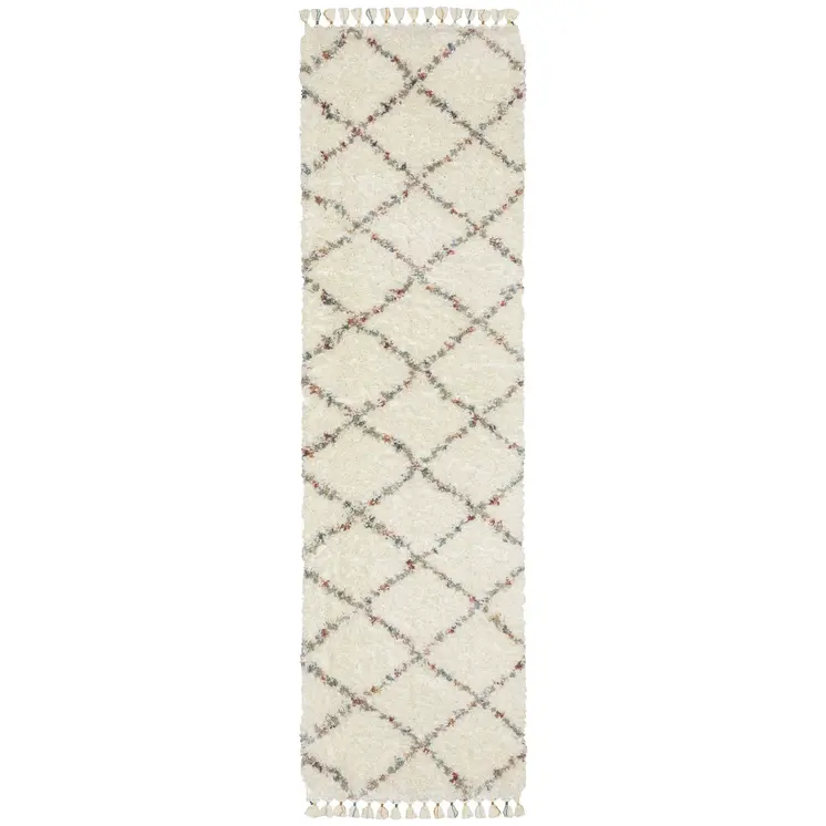 8' Ivory Gray And Red Diamond Shag Runner Rug With Fringe