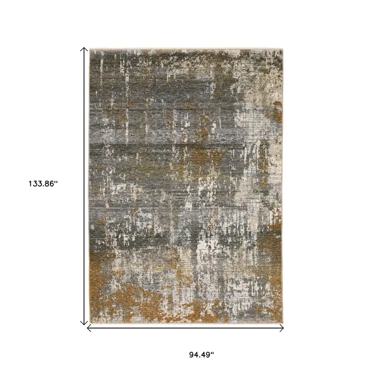 8' X 11' Gray And Gold Abstract Area Rug With Fringe