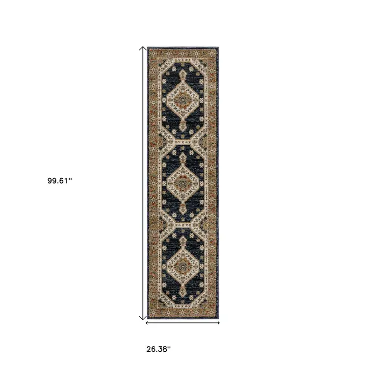 8' Blue And Orange Medallion Runner Rug