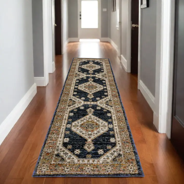 8' Blue And Orange Medallion Runner Rug