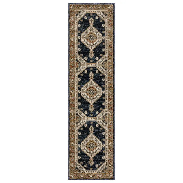 8' Blue And Orange Medallion Runner Rug