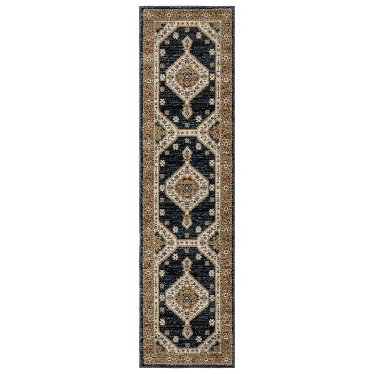 8' Blue And Orange Medallion Runner Rug