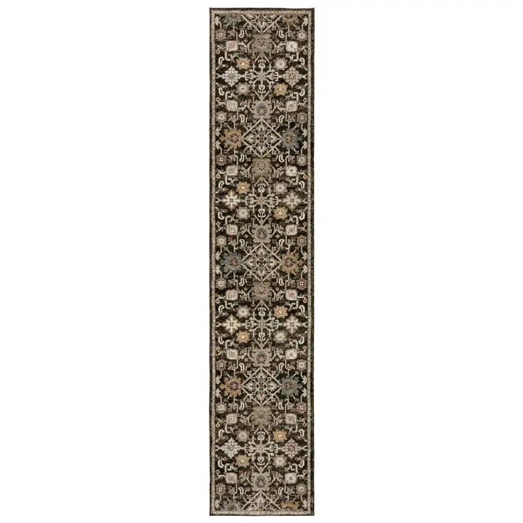 8' Brown Gray And Tan Oriental Runner Rug
