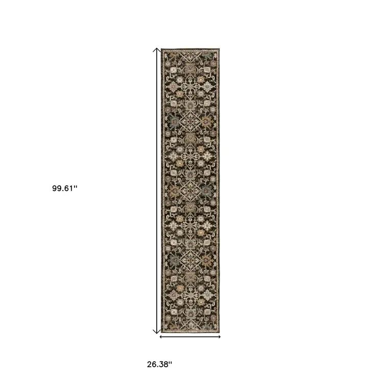 8' Brown Gray And Tan Oriental Runner Rug