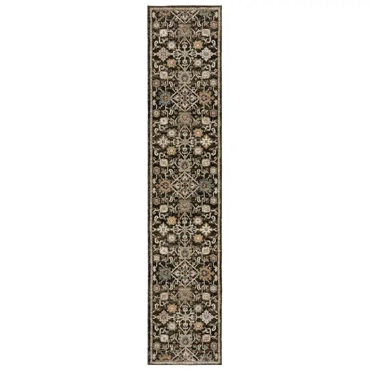 8' Brown Gray And Tan Oriental Runner Rug