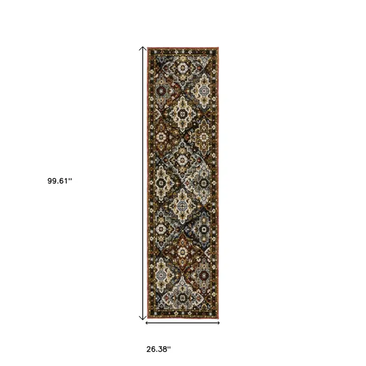8' Red Brown And Orange Medallion Runner Rug