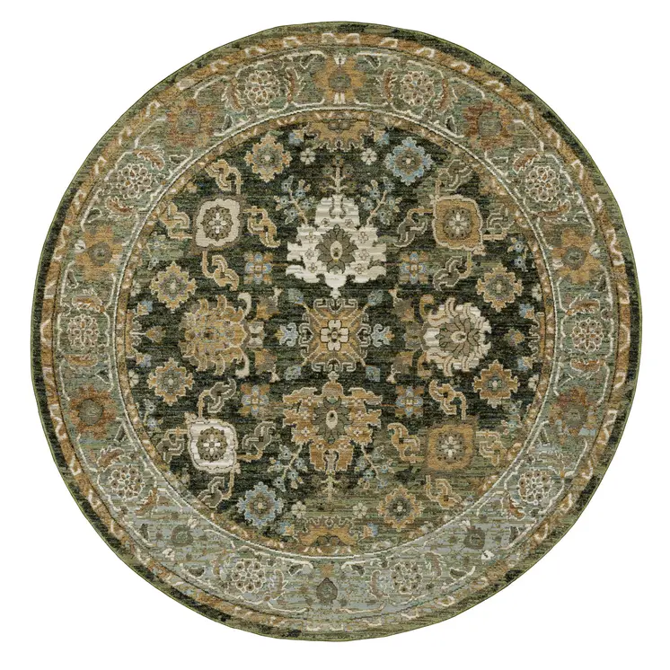 8' Green And Gold Oriental Round Rug