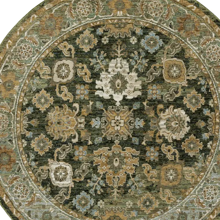8' Green And Gold Oriental Round Rug