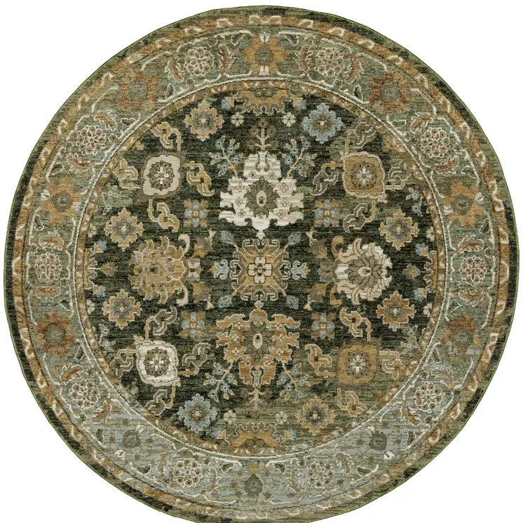 8' Green And Gold Oriental Round Rug