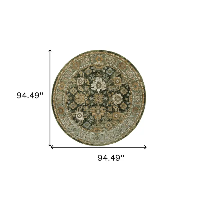 8' Green And Gold Oriental Round Rug