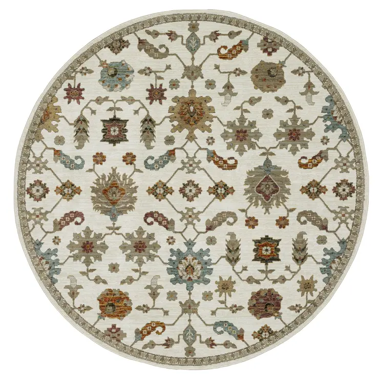 8' Ivory Gray And Light Blue Oriental Round Rug