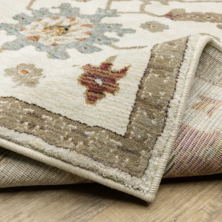 8' Ivory Gray And Light Blue Oriental Round Rug