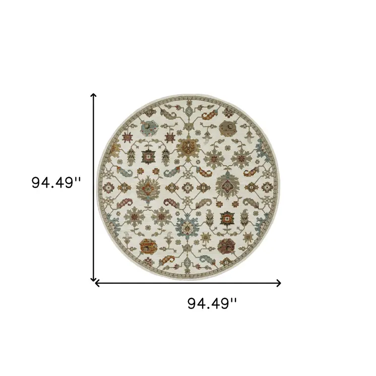 8' Ivory Gray And Light Blue Oriental Round Rug