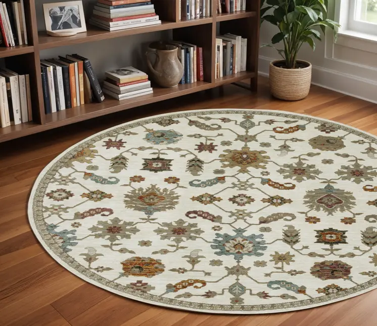 8' Ivory Gray And Light Blue Oriental Round Rug