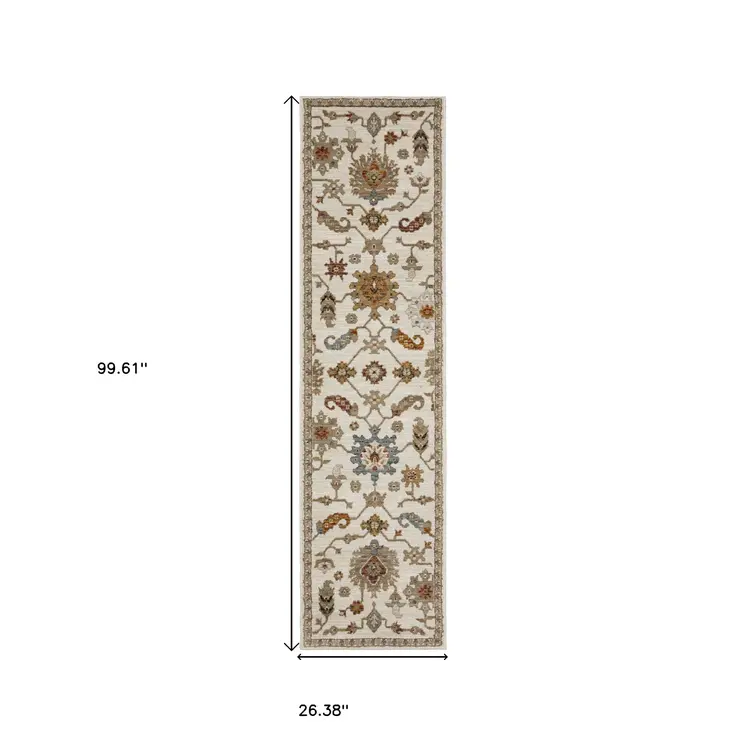 8' Ivory Gray And Orange Oriental Runner Rug