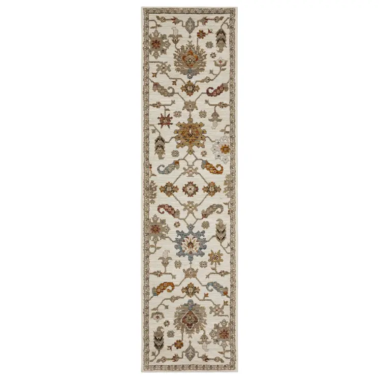 8' Ivory Gray And Orange Oriental Runner Rug