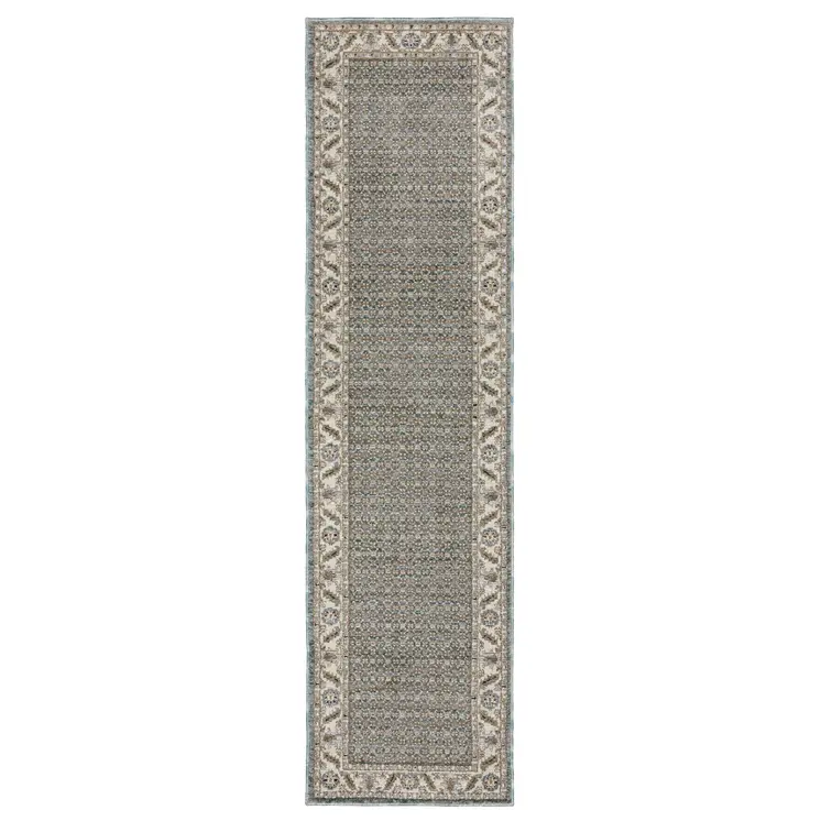 8' Blue And Ivory Oriental Runner Rug