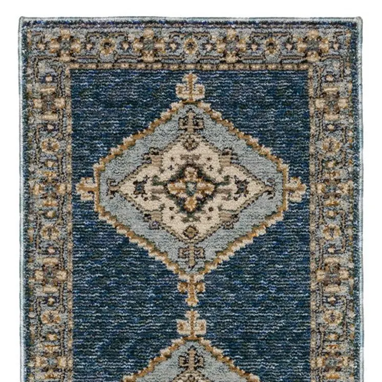 8' Blue And Gold Medallion Runner Rug