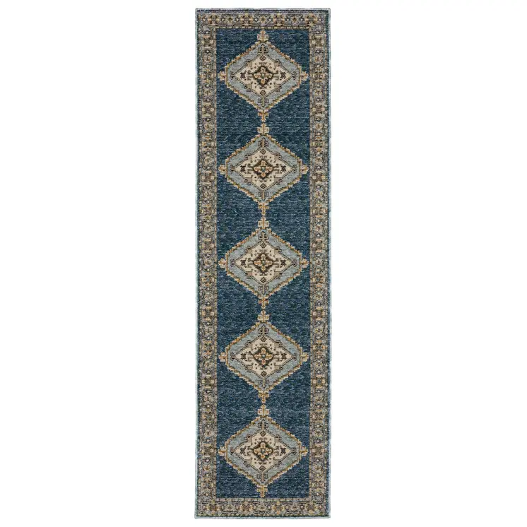 8' Blue And Gold Medallion Runner Rug