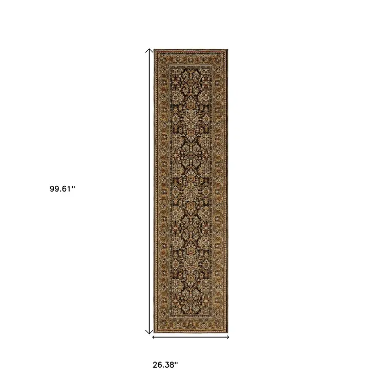 8' Brown And Gold Oriental Runner Rug