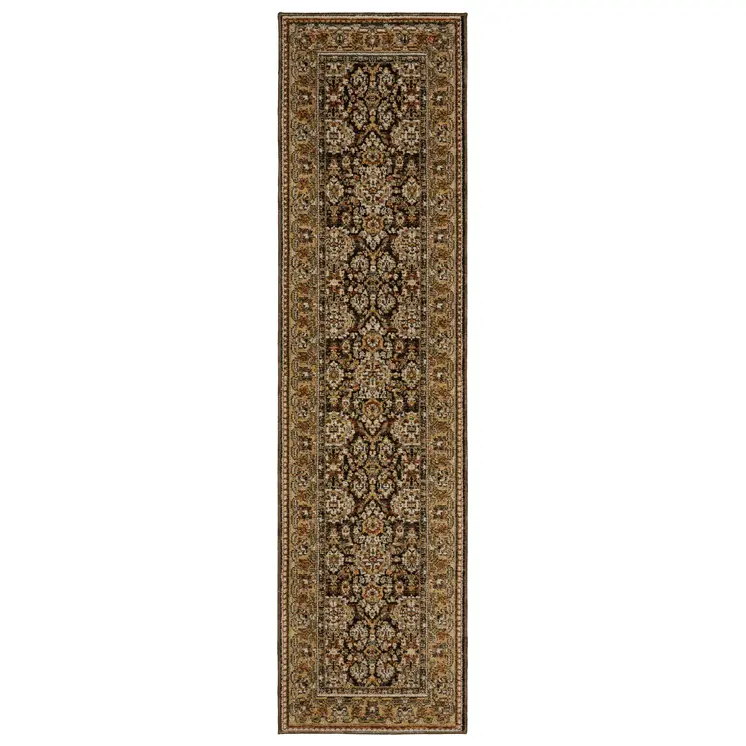 8' Brown And Gold Oriental Runner Rug