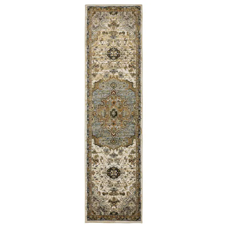 8' Ivory And Blue Oriental Runner Rug