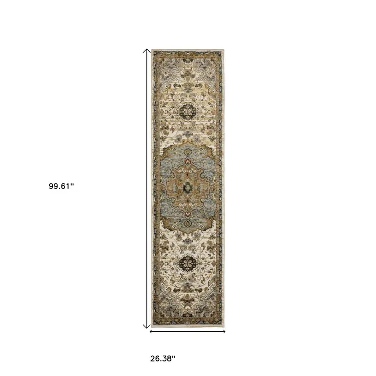 8' Ivory And Blue Oriental Runner Rug