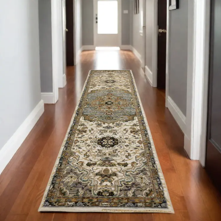8' Ivory And Blue Oriental Runner Rug