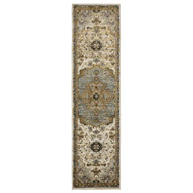 8' Ivory And Blue Oriental Runner Rug