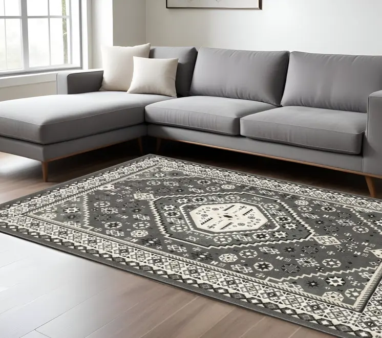 8' X 11' Gray And Ivory Medallion Area Rug