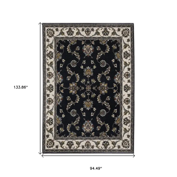 8' X 11' Navy Blue And Ivory Oriental Area Rug With Fringe