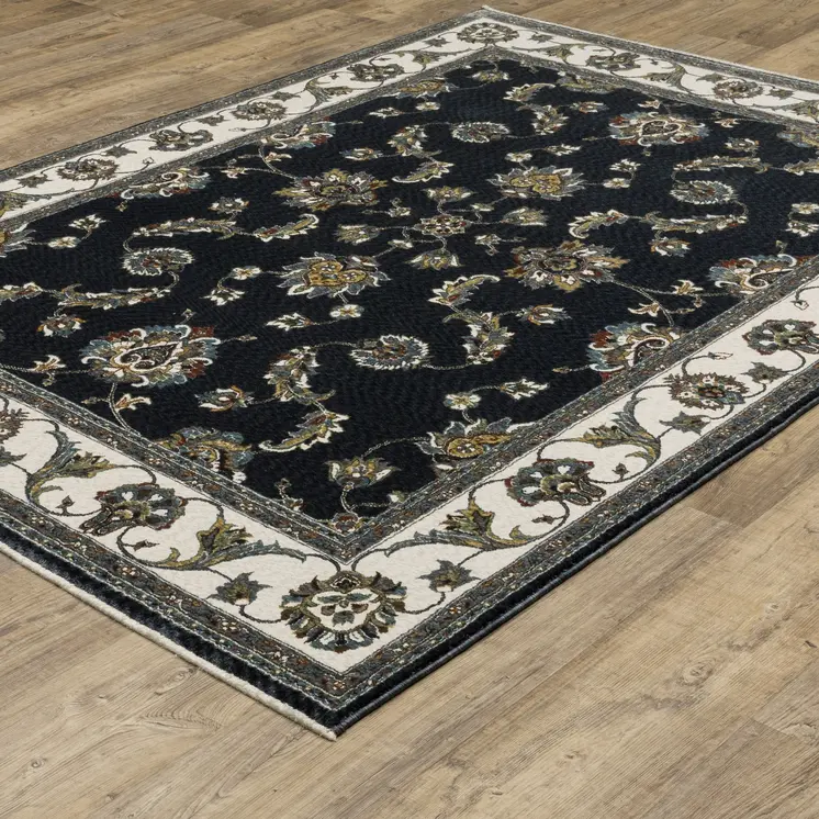 8' X 11' Navy Blue And Ivory Oriental Area Rug With Fringe