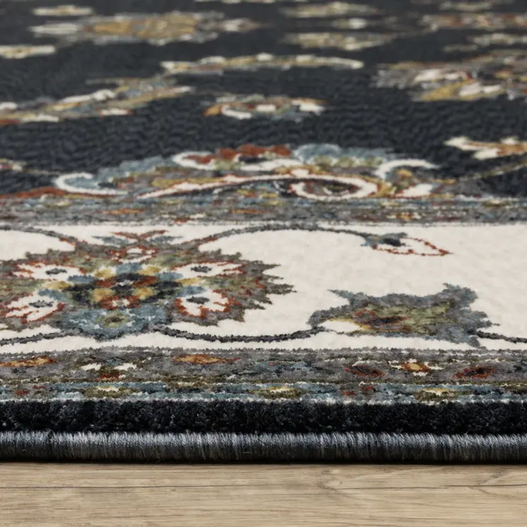 8' X 11' Navy Blue And Ivory Oriental Area Rug With Fringe