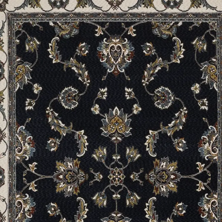 8' X 11' Navy Blue And Ivory Oriental Area Rug With Fringe