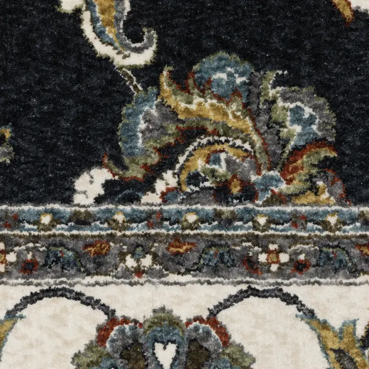 8' X 11' Navy Blue And Ivory Oriental Area Rug With Fringe