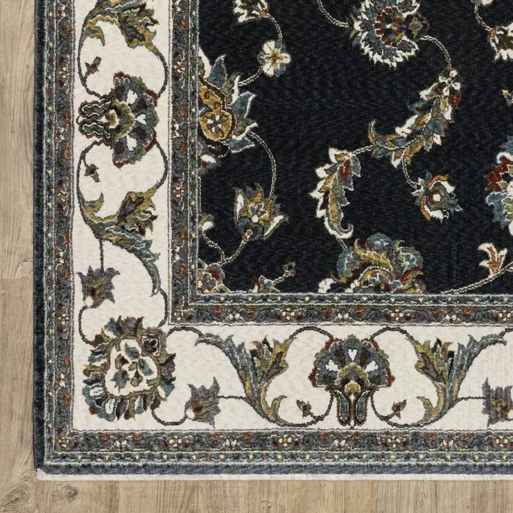 8' X 11' Navy Blue And Ivory Oriental Area Rug With Fringe