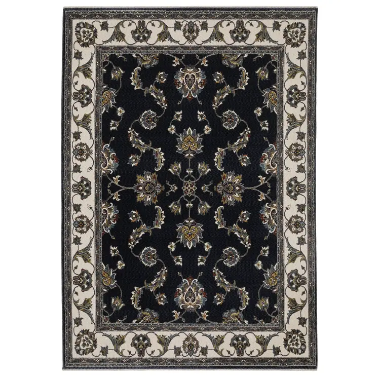 8' X 11' Navy Blue And Ivory Oriental Area Rug With Fringe