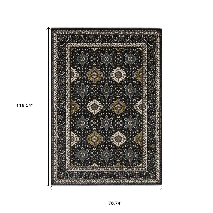 7' X 10' Navy Blue And Gold Medallion Area Rug With Fringe