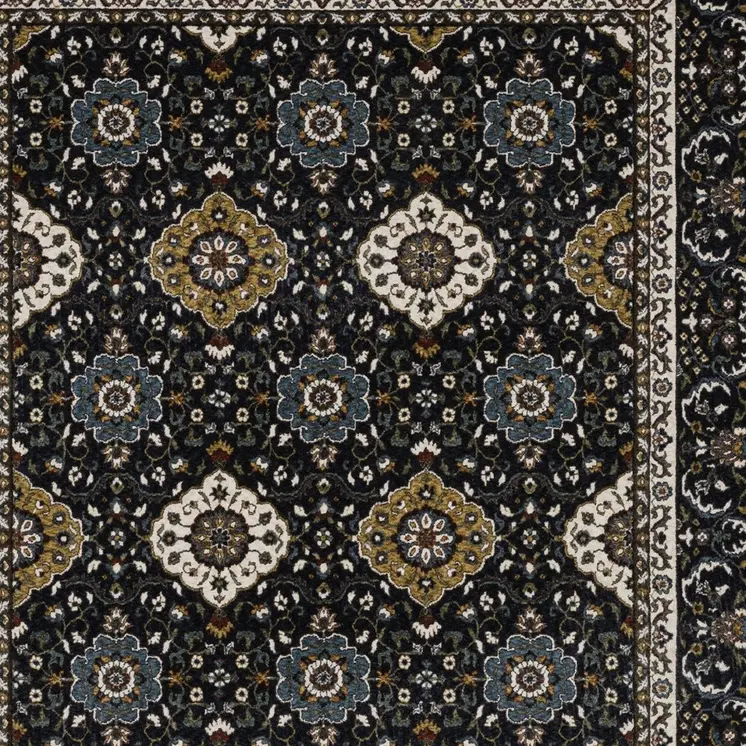 7' X 10' Navy Blue And Gold Medallion Area Rug With Fringe